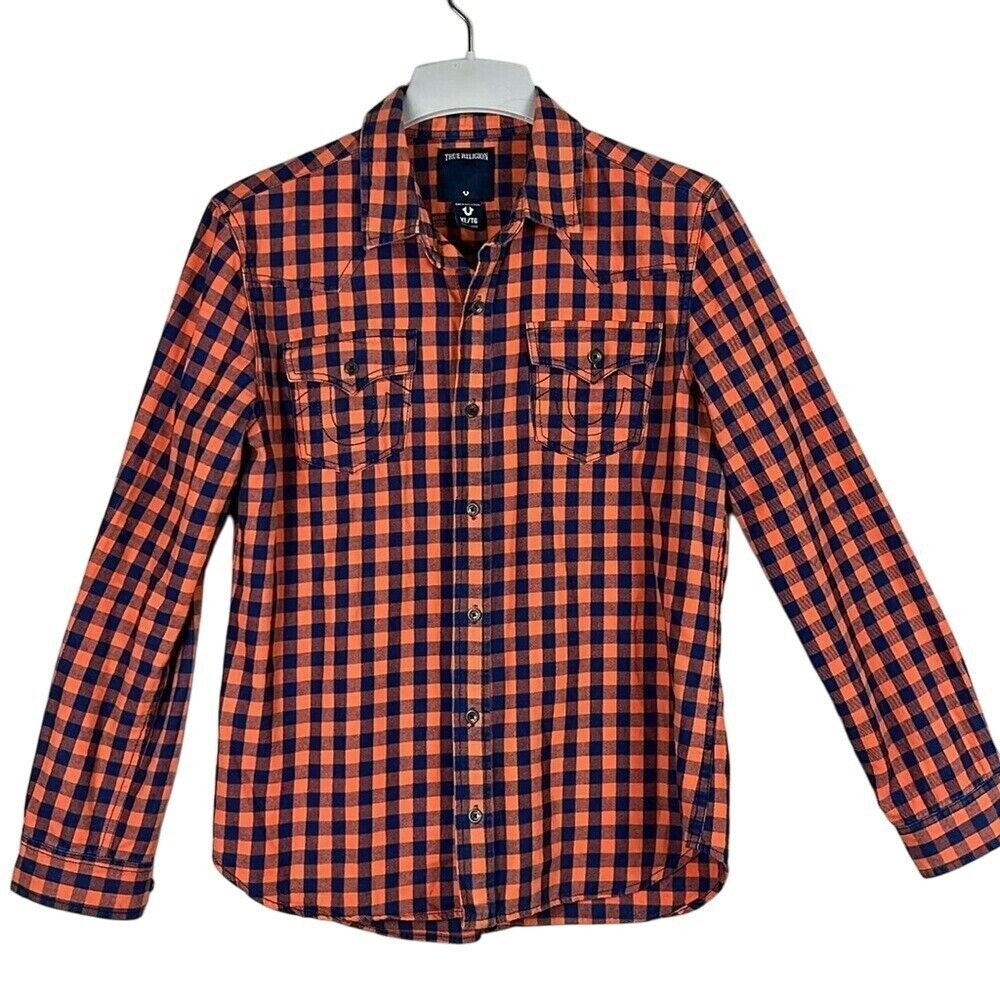 True Religion Long Sleeve Button Up Logo Shirt Womens Size XL Orange Blue‎